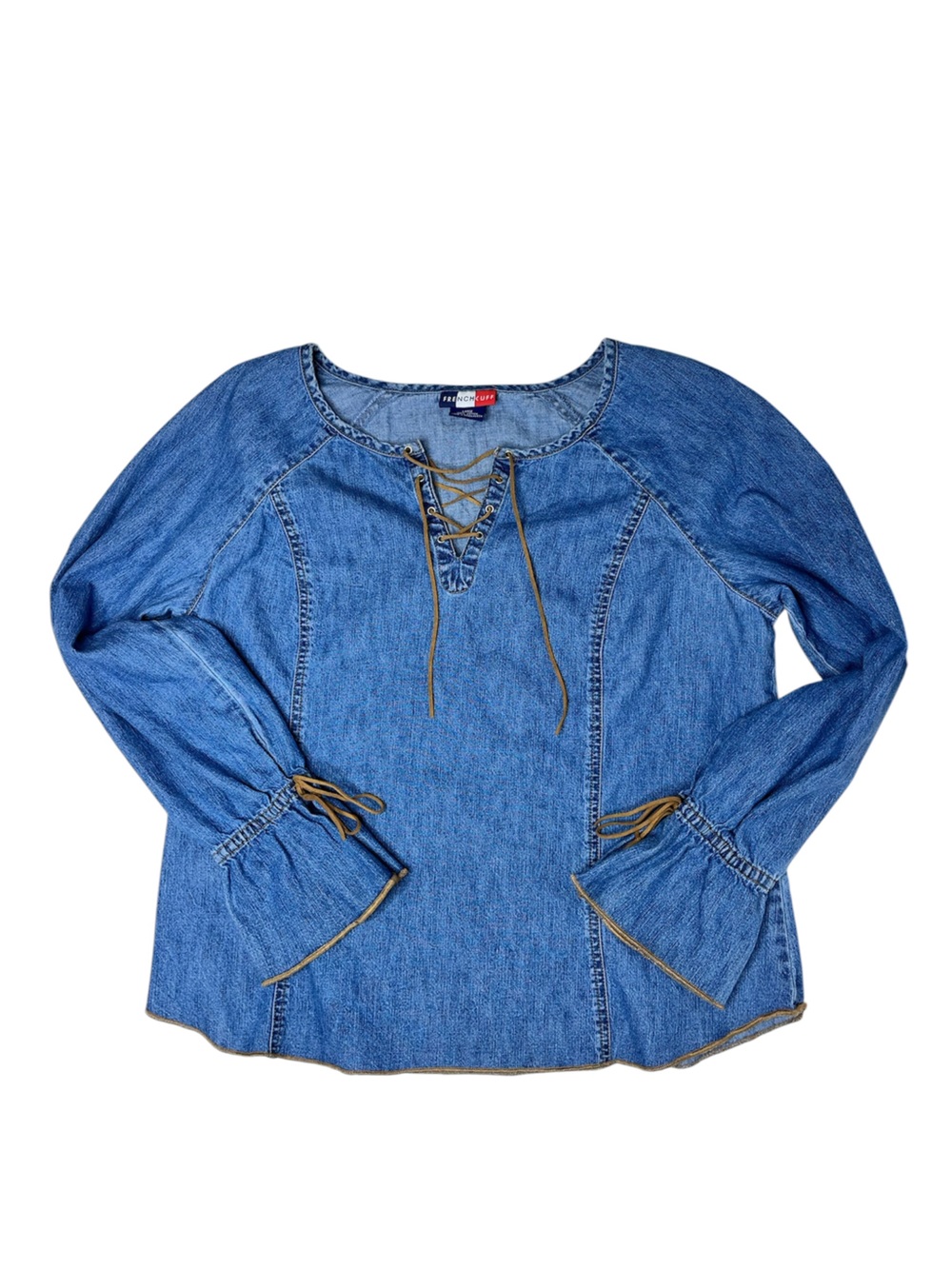 VINTAGE Lace Up Flare Sleeved Denim Peasant Top Size Large